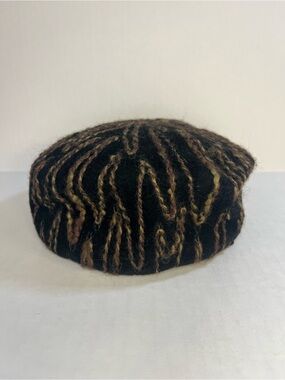 Vintage Black Beret with Brown and Tan Yarn Detail Made in USA New York